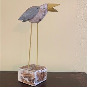 Wood and Metal Bird Sculpture with Gold Beak